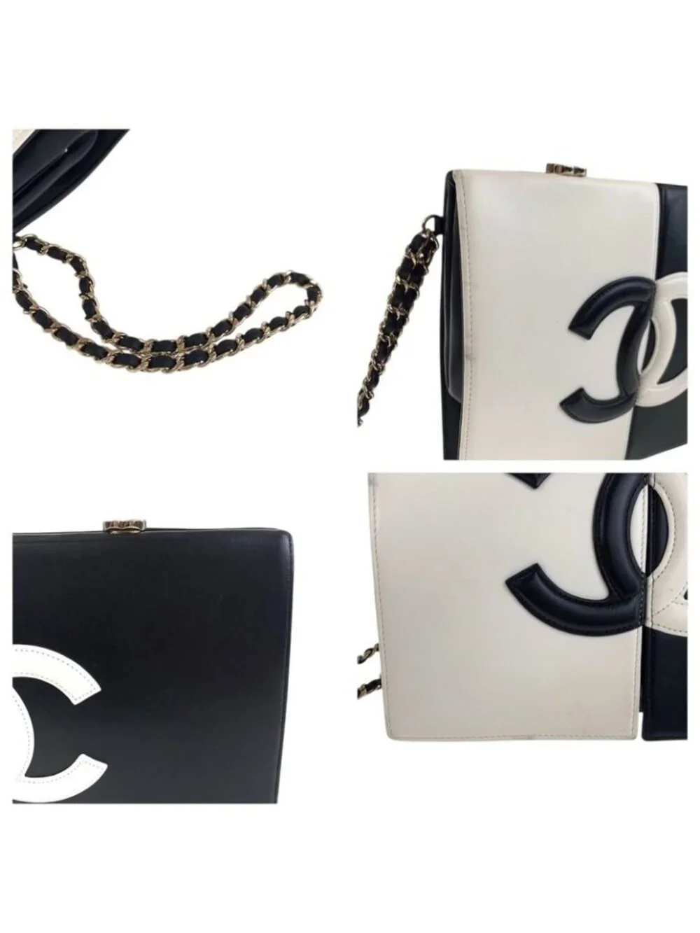 Chanel CC Logo White Black Gold Lambskin Clutch - Picture 5 of 9
